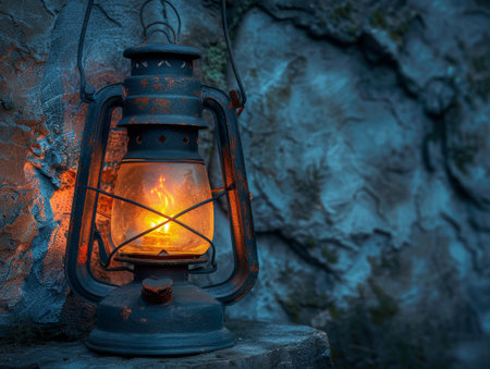 miner lamp with little firearound on gray stone background.の素材