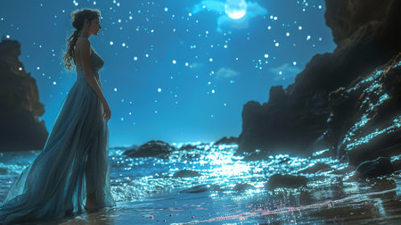 fantasy girl in the sea on a starry moon background.の素材