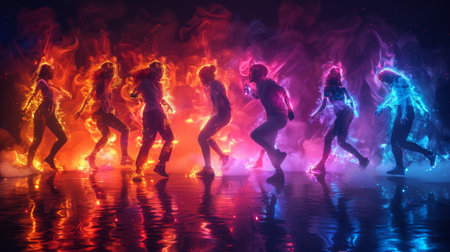 neon silhouettes of people dancing in a circle.の素材