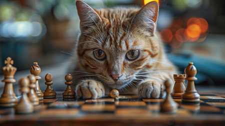 cat playing chess.の素材