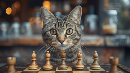 cat playing chess.の素材