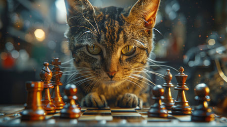 cat playing chess.の素材