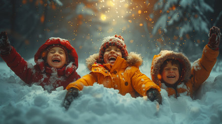 Children lie in fresh snow.の素材