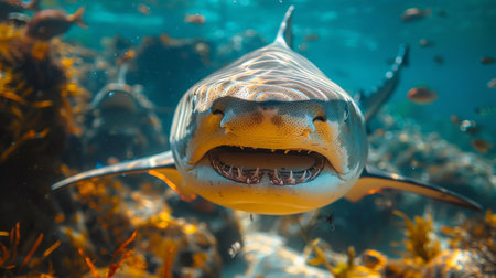 close up of tiger shark under water.の素材