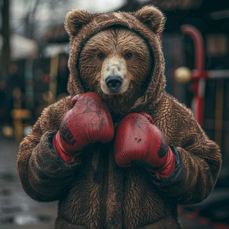 bear with red gloves boxing in gym.の素材