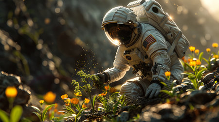 astronaut tends to alien plants on a distant exoplanet.の素材