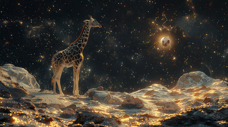 giraffe reaching leaves the moon background.の素材
