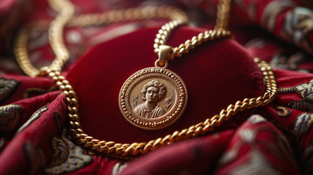 gold chain with a medallion lies on a red velvet pillow.の素材