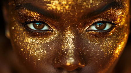 close up of model face with golden paint.の素材