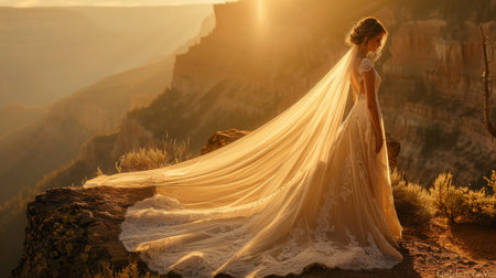 bride in white dress in golden sunshines.の素材