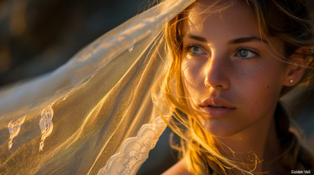 bride in white dress in golden sunshines.の素材