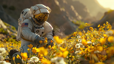 astronaut tends to alien plants on a distant exoplanet.の素材