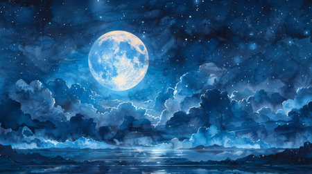 watercolor background of night sky with moon.の素材