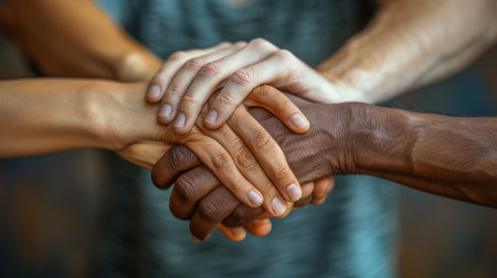 Hands of different ethnicities coming together in unity.の素材