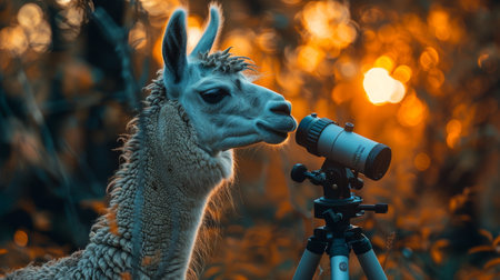 llama peers through a telescope.の素材