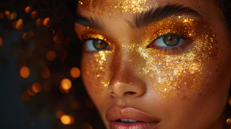 fashion model with golden makeup and hair.の素材