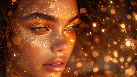 fashion model with golden makeup and hair.の素材