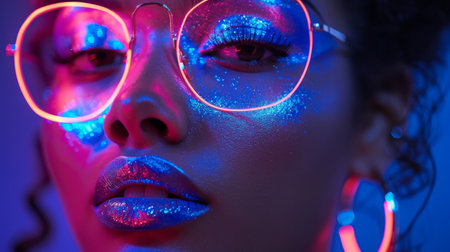 model with metallic silver lips in neon blue and purple lights.の素材