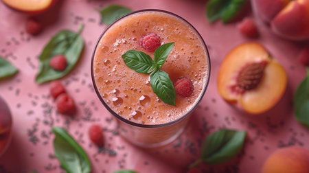 Peach fruit smoothie juice in glass surround with pieces of peach and green leaves.の素材