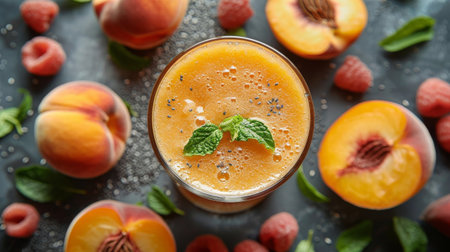 Peach fruit smoothie juice in glass surround with pieces of peach and green leaves.の素材