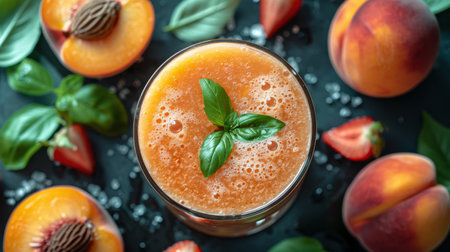 Peach fruit smoothie juice in glass surround with pieces of peach and green leaves.の素材
