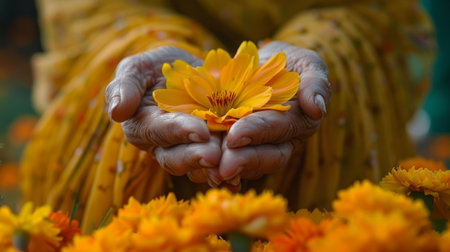 woman's hand, wrapped in a traditional Indian garment, a sara, plucks a saffron flower.の素材