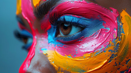 portrait of a woman with smooth wave of colorful bright neon rainbow colors.の素材