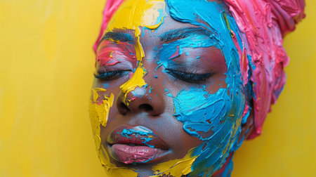 portrait of a woman with smooth wave of colorful bright neon rainbow colors.の素材