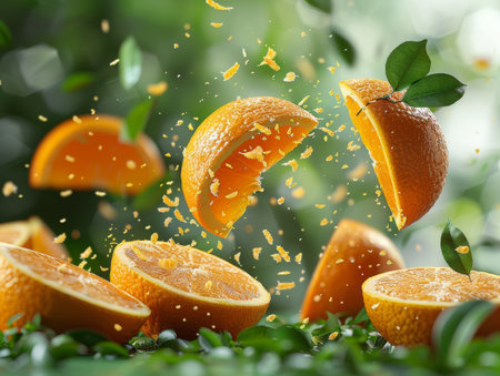 falling orange slices and leaves.の素材