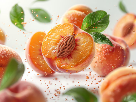 Peach with green leaves on a white background.の素材