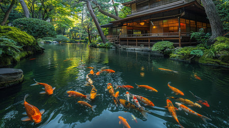 koi carp swimming in an artificial pond.の素材