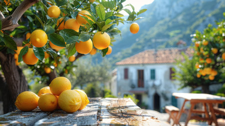 lemon tree with big yellow lemons in sunny day on the background with Italian village.の素材