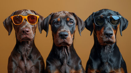 Group of Doberman puppies in sunglasses.の素材