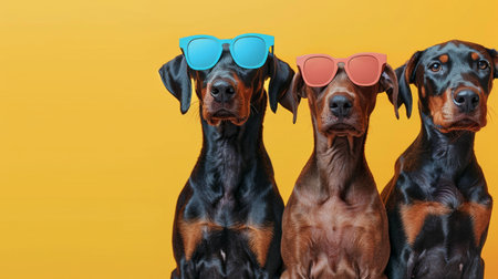 Group of Doberman puppies in sunglasses.の素材