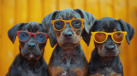 Group of Doberman puppies in sunglasses.の素材