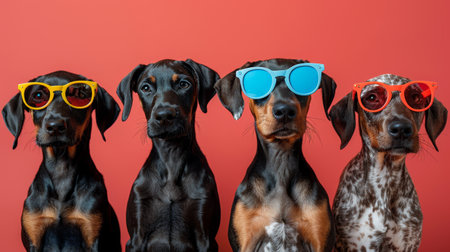 Group of Doberman puppies in sunglasses.の素材