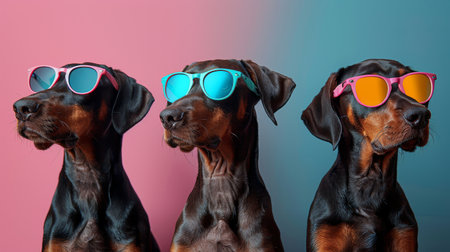 Group of Doberman puppies in sunglasses.の素材