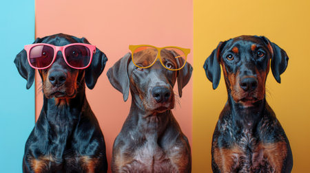 Group of Doberman puppies in sunglasses.の素材