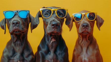 Group of Doberman puppies in sunglasses.の素材