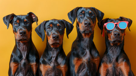 Group of Doberman puppies in sunglasses.の素材