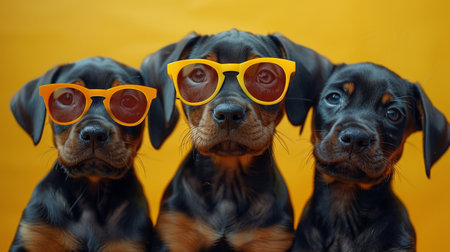 Group of Doberman puppies in sunglasses.の素材