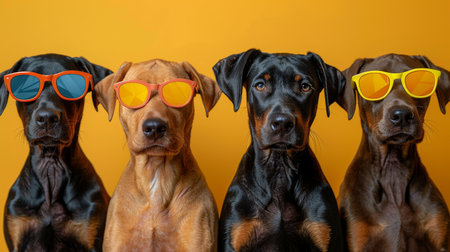 Group of Doberman puppies in sunglasses.の素材