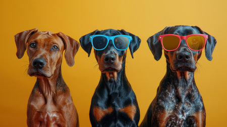 Group of Doberman puppies in sunglasses.の素材