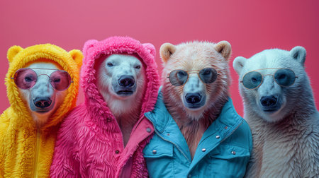 Group of polar bears in colorful outfits.の素材