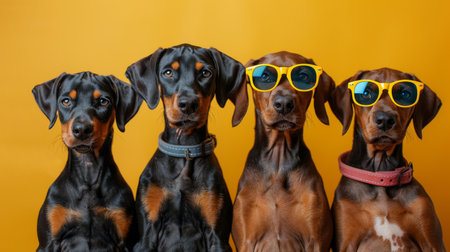 Group of Doberman puppies in sunglasses.の素材