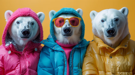 Group of polar bears in colorful outfits.の素材