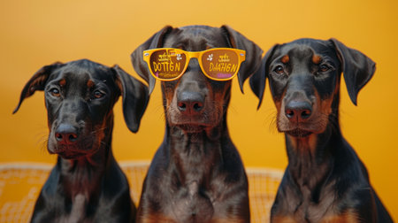 Group of Doberman puppies in sunglasses.の素材