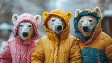 Group of polar bears in colorful outfits.の素材