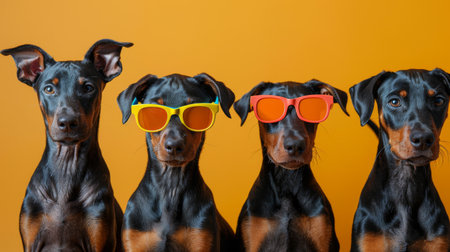 Group of Doberman puppies in sunglasses.の素材