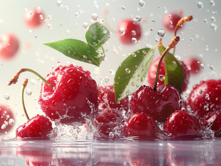 Falling fresh red cherries into water.の素材